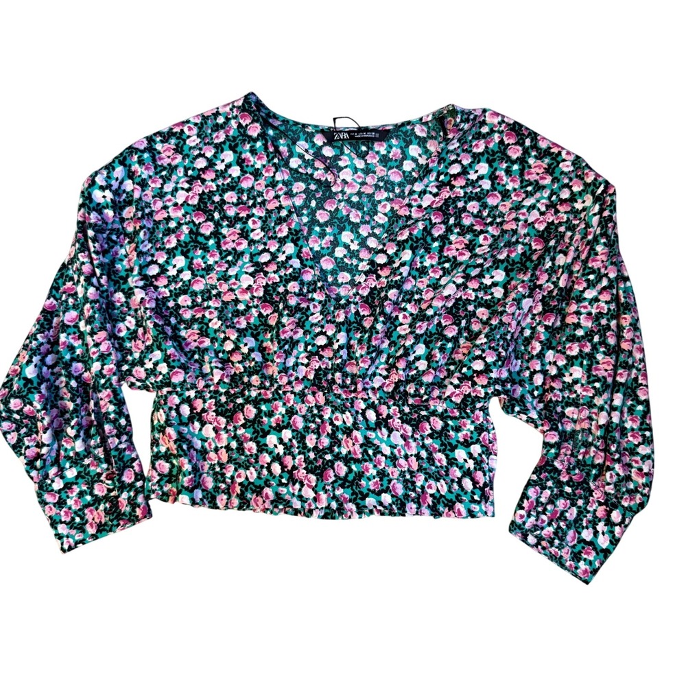 Zara Green Pink Floral Crop Top Smocked VNeck Cottagecore Y2K Boho Chic Coquette